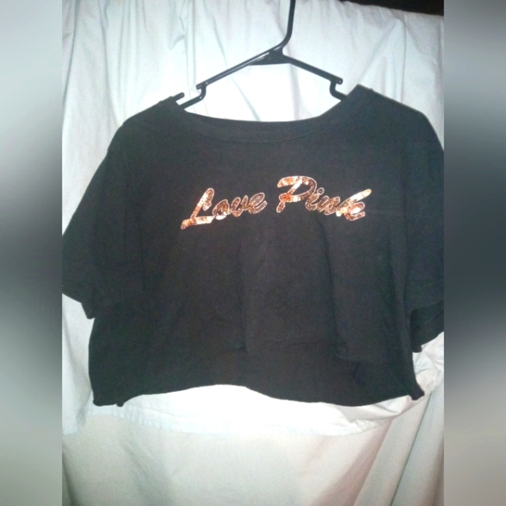 Victoria Secret PINK T Shirt L Black Gold Sequin Bling Logo Campus Tee Cropped